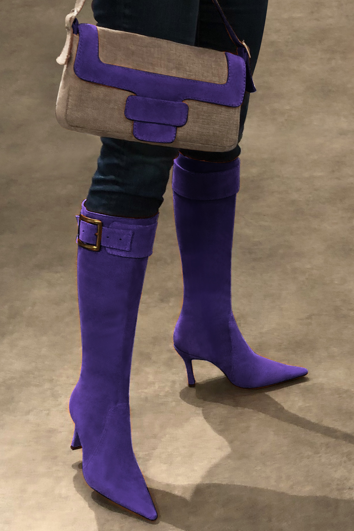 Tan beige and violet purple women's dress handbag, matching pumps and belts. Worn view - Florence KOOIJMAN